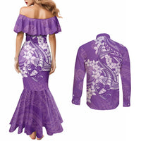 Purple Polynesia Hammerhead Shark Tattoo With Plumeria Lei Couples Matching Mermaid Dress and Long Sleeve Button Shirt LT14 - Polynesian Pride