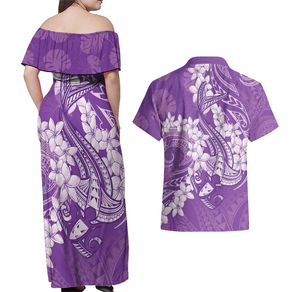 Purple Polynesia Hammerhead Shark Tattoo With Plumeria Lei Couples Matching Off Shoulder Maxi Dress and Hawaiian Shirt