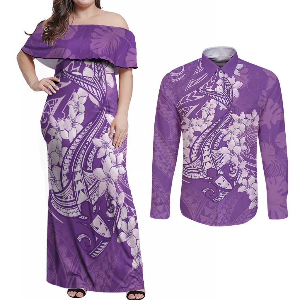 Purple Polynesia Hammerhead Shark Tattoo With Plumeria Lei Couples Matching Off Shoulder Maxi Dress and Long Sleeve Button Shirt LT14 Purple - Polynesian Pride