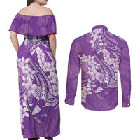 Purple Polynesia Hammerhead Shark Tattoo With Plumeria Lei Couples Matching Off Shoulder Maxi Dress and Long Sleeve Button Shirt LT14 - Polynesian Pride