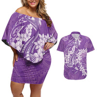 Purple Polynesia Hammerhead Shark Tattoo With Plumeria Lei Couples Matching Off Shoulder Short Dress and Hawaiian Shirt