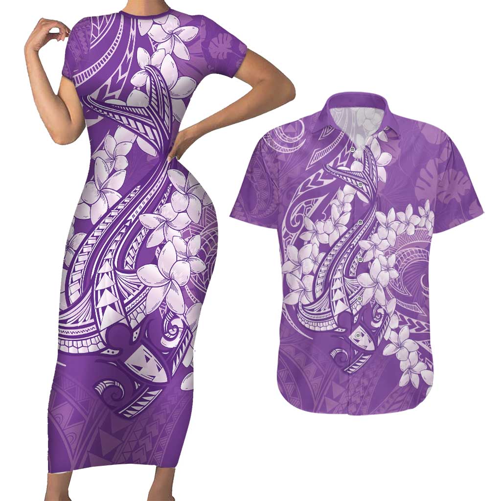 Purple Polynesia Hammerhead Shark Tattoo With Plumeria Lei Couples Matching Short Sleeve Bodycon Dress and Hawaiian Shirt