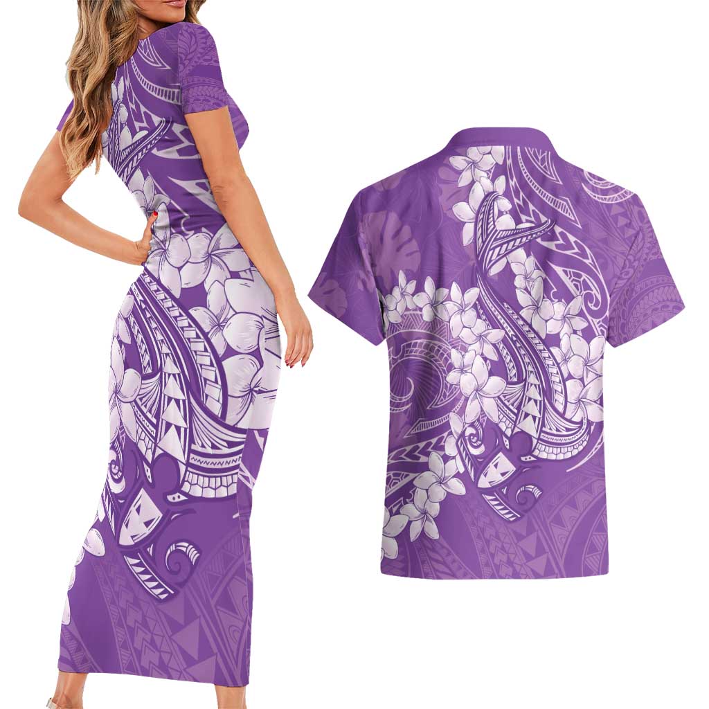 Purple Polynesia Hammerhead Shark Tattoo With Plumeria Lei Couples Matching Short Sleeve Bodycon Dress and Hawaiian Shirt