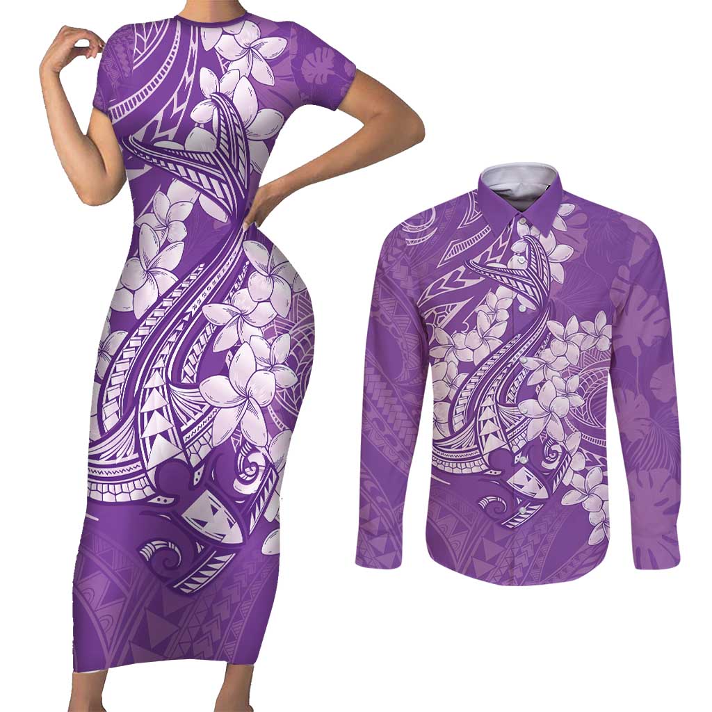 Purple Polynesia Hammerhead Shark Tattoo With Plumeria Lei Couples Matching Short Sleeve Bodycon Dress and Long Sleeve Button Shirt LT14 Purple - Polynesian Pride