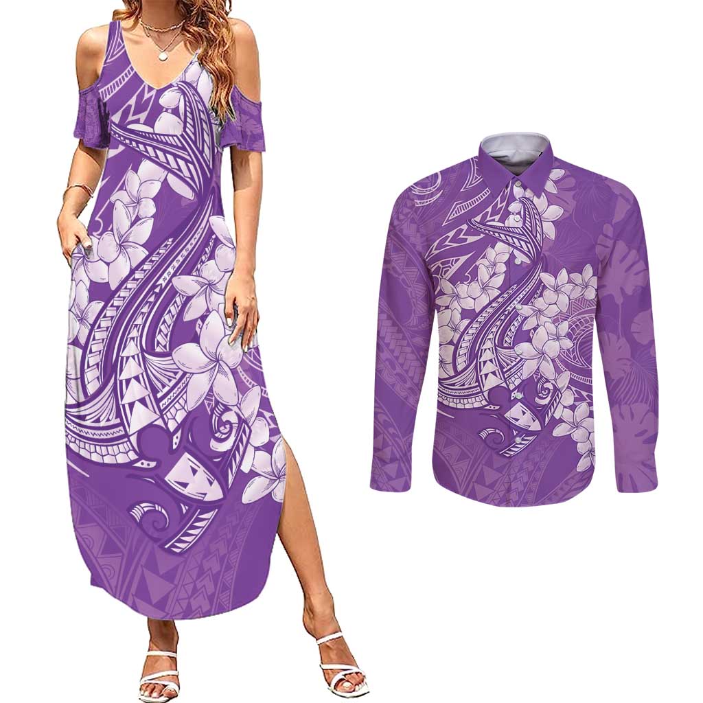 Purple Polynesia Hammerhead Shark Tattoo With Plumeria Lei Couples Matching Summer Maxi Dress and Long Sleeve Button Shirt LT14 Purple - Polynesian Pride