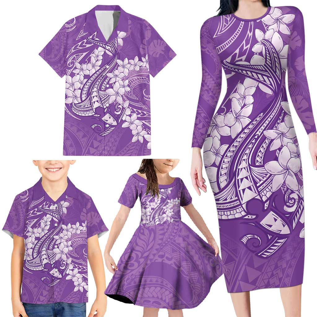 Purple Polynesia Hammerhead Shark Tattoo With Plumeria Lei Family Matching Long Sleeve Bodycon Dress and Hawaiian Shirt