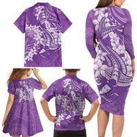 Purple Polynesia Hammerhead Shark Tattoo With Plumeria Lei Family Matching Long Sleeve Bodycon Dress and Hawaiian Shirt