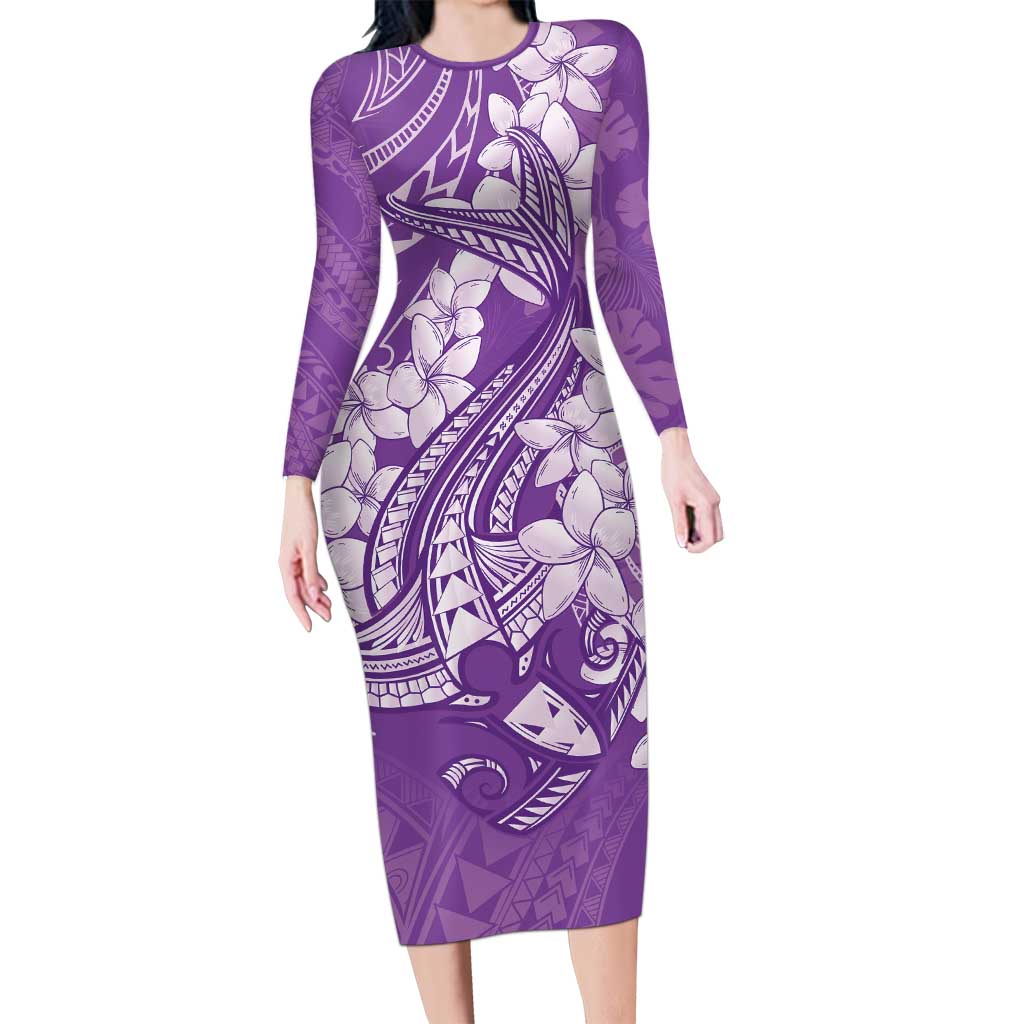 Purple Polynesia Hammerhead Shark Tattoo With Plumeria Lei Family Matching Long Sleeve Bodycon Dress and Hawaiian Shirt