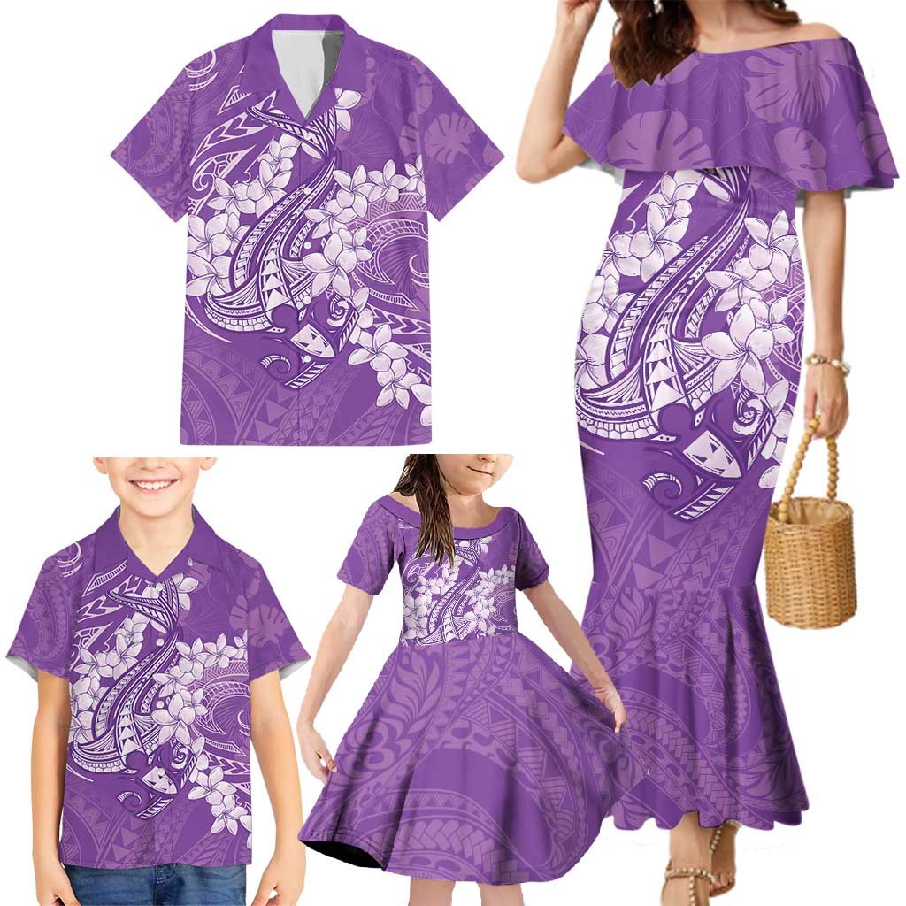 Purple Polynesia Hammerhead Shark Tattoo With Plumeria Lei Family Matching Mermaid Dress and Hawaiian Shirt