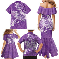 Purple Polynesia Hammerhead Shark Tattoo With Plumeria Lei Family Matching Mermaid Dress and Hawaiian Shirt