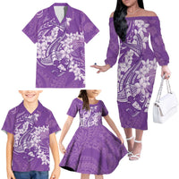 Purple Polynesia Hammerhead Shark Tattoo With Plumeria Lei Family Matching Off The Shoulder Long Sleeve Dress and Hawaiian Shirt