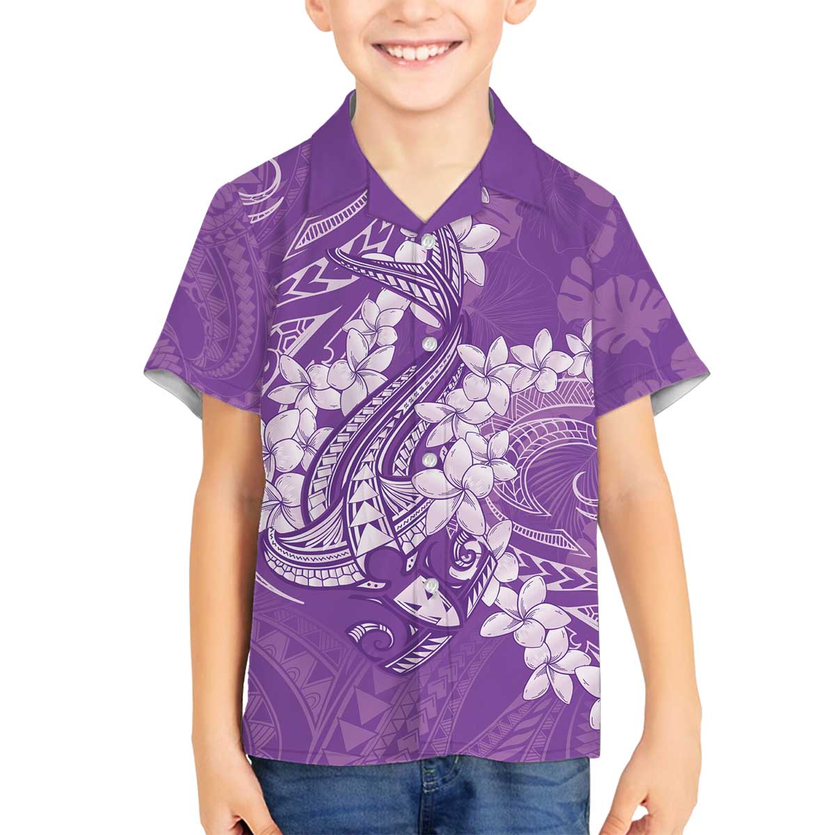 Purple Polynesia Hammerhead Shark Tattoo With Plumeria Lei Family Matching Off The Shoulder Long Sleeve Dress and Hawaiian Shirt