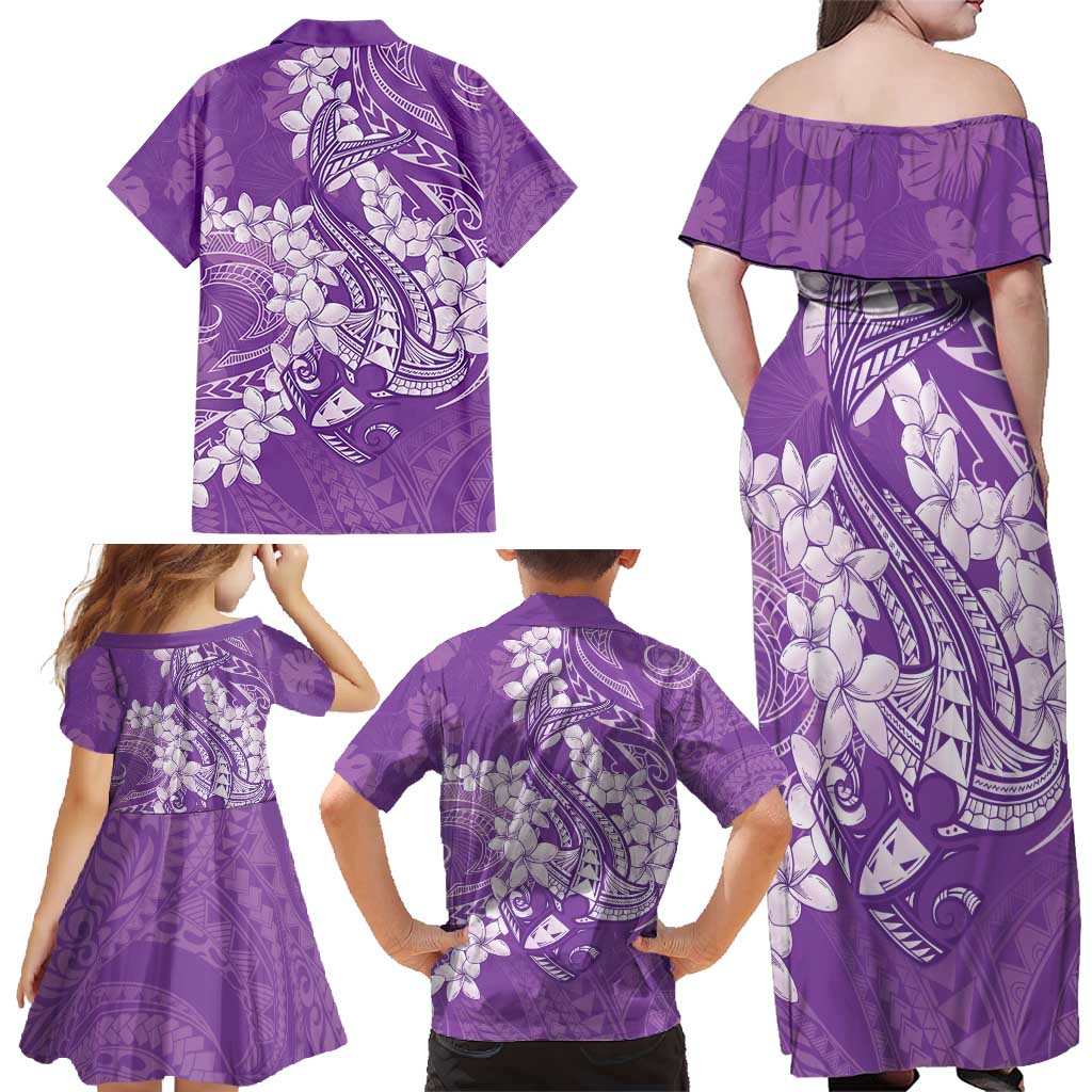 Purple Polynesia Hammerhead Shark Tattoo With Plumeria Lei Family Matching Off Shoulder Maxi Dress and Hawaiian Shirt