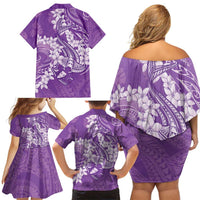Purple Polynesia Hammerhead Shark Tattoo With Plumeria Lei Family Matching Off Shoulder Short Dress and Hawaiian Shirt