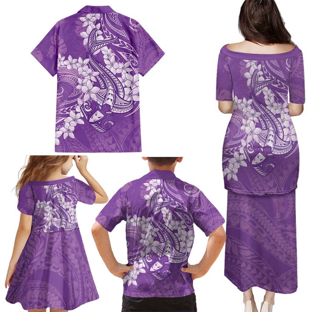 Purple Polynesia Hammerhead Shark Tattoo With Plumeria Lei Family Matching Puletasi and Hawaiian Shirt