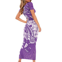 Purple Polynesia Hammerhead Shark Tattoo With Plumeria Lei Family Matching Short Sleeve Bodycon Dress and Hawaiian Shirt