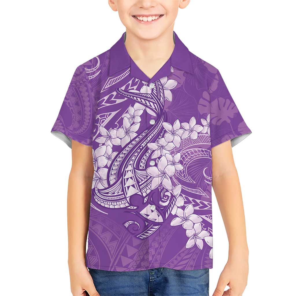 Purple Polynesia Hammerhead Shark Tattoo With Plumeria Lei Family Matching Short Sleeve Bodycon Dress and Hawaiian Shirt