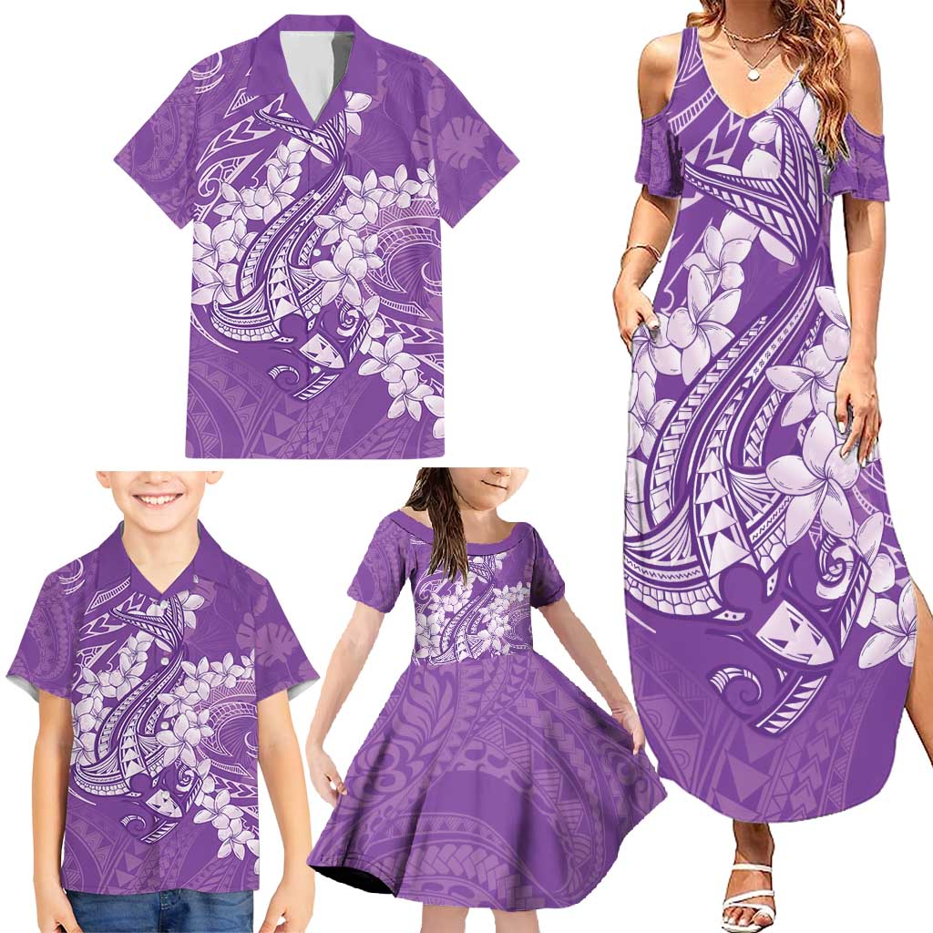 Purple Polynesia Hammerhead Shark Tattoo With Plumeria Lei Family Matching Summer Maxi Dress and Hawaiian Shirt