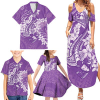 Purple Polynesia Hammerhead Shark Tattoo With Plumeria Lei Family Matching Summer Maxi Dress and Hawaiian Shirt