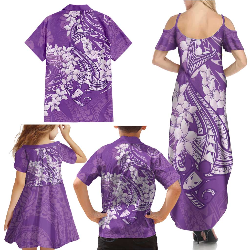 Purple Polynesia Hammerhead Shark Tattoo With Plumeria Lei Family Matching Summer Maxi Dress and Hawaiian Shirt