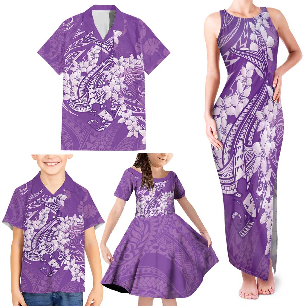 Purple Polynesia Hammerhead Shark Tattoo With Plumeria Lei Family Matching Tank Maxi Dress and Hawaiian Shirt
