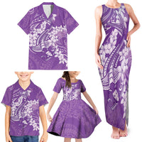 Purple Polynesia Hammerhead Shark Tattoo With Plumeria Lei Family Matching Tank Maxi Dress and Hawaiian Shirt