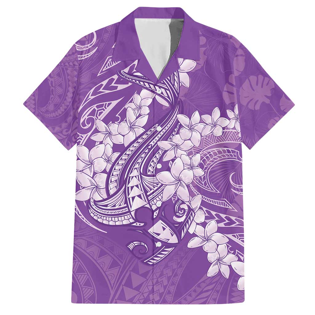 Purple Polynesia Hammerhead Shark Tattoo With Plumeria Lei Hawaiian Shirt