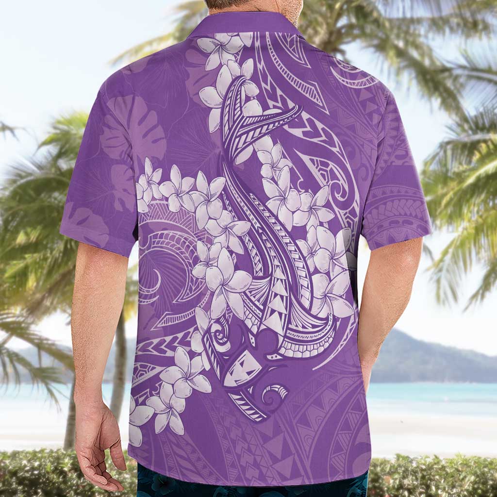 Purple Polynesia Hammerhead Shark Tattoo With Plumeria Lei Hawaiian Shirt