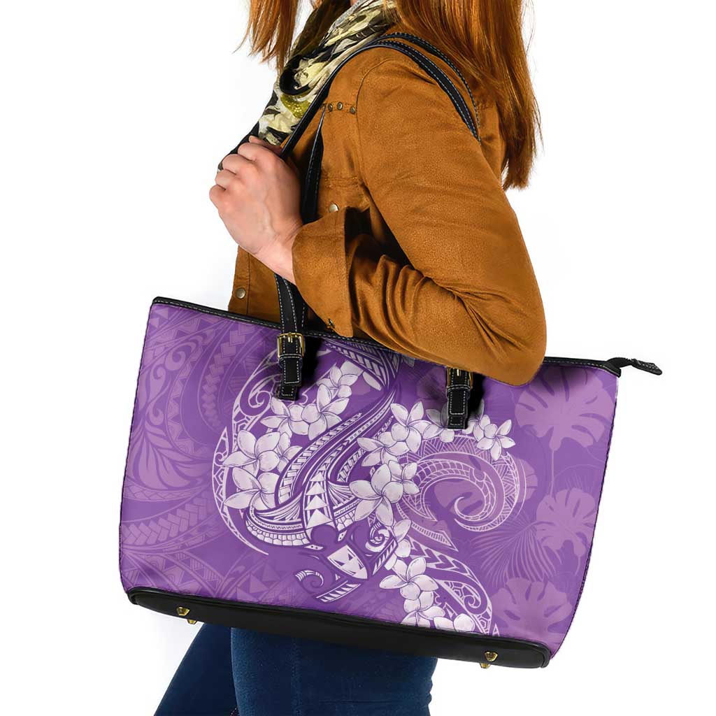Purple Polynesia Hammerhead Shark Tattoo With Plumeria Lei Leather Tote Bag LT14 Purple - Polynesian Pride