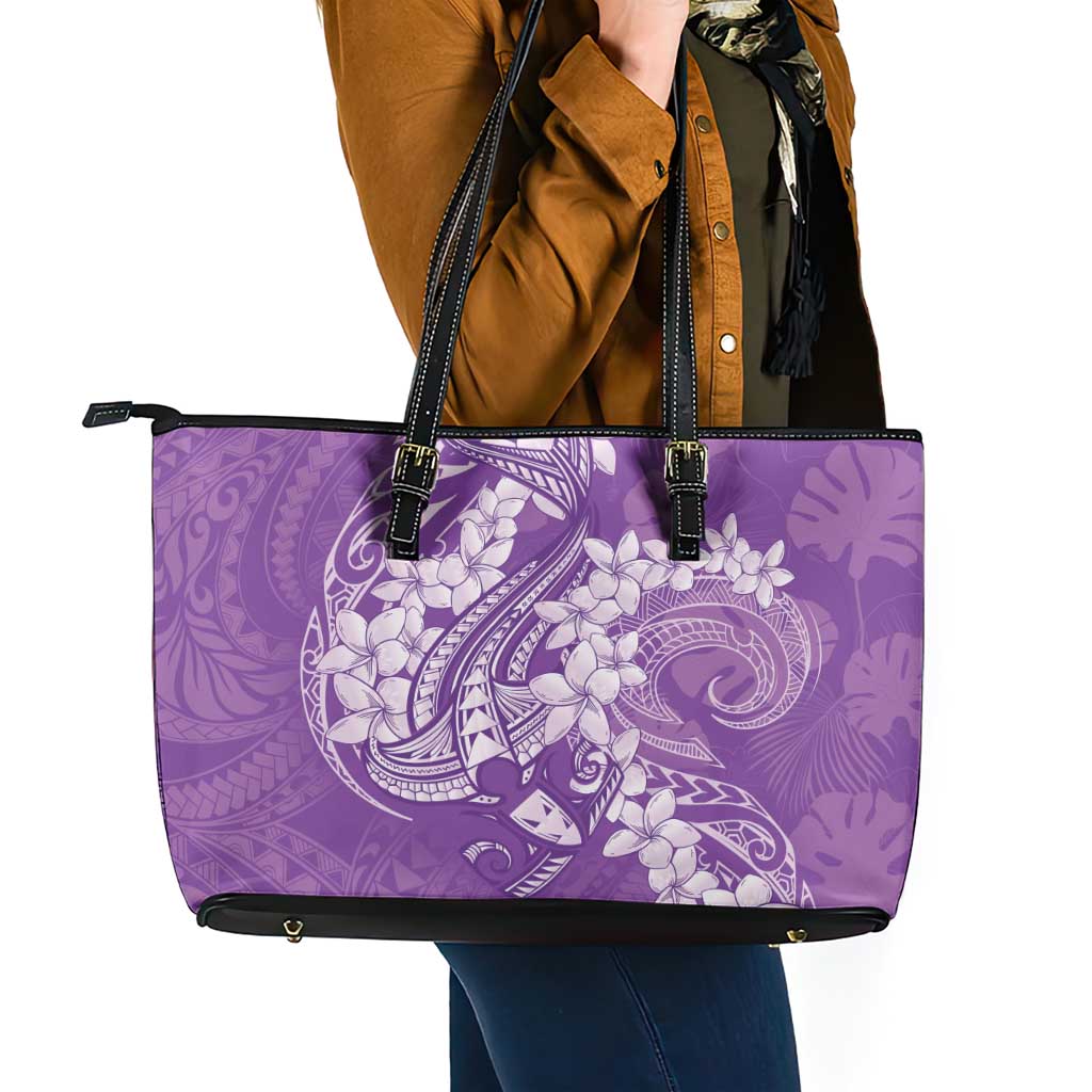 Purple Polynesia Hammerhead Shark Tattoo With Plumeria Lei Leather Tote Bag LT14 - Polynesian Pride