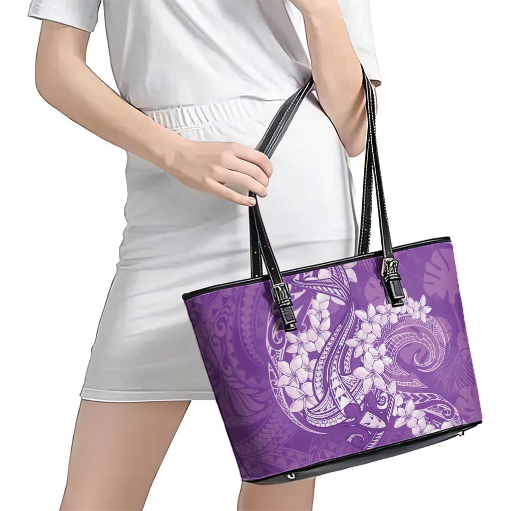 Purple Polynesia Hammerhead Shark Tattoo With Plumeria Lei Leather Tote Bag LT14 - Polynesian Pride