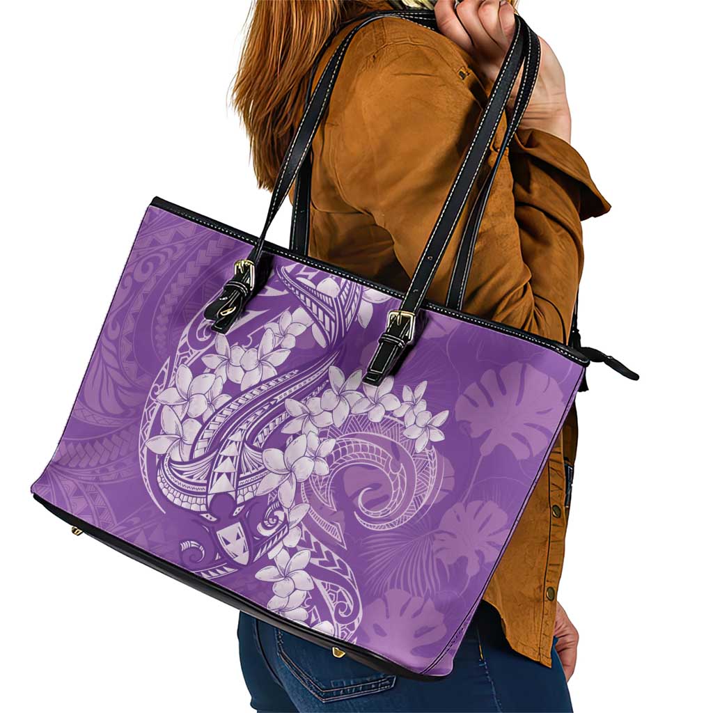 Purple Polynesia Hammerhead Shark Tattoo With Plumeria Lei Leather Tote Bag LT14 - Polynesian Pride