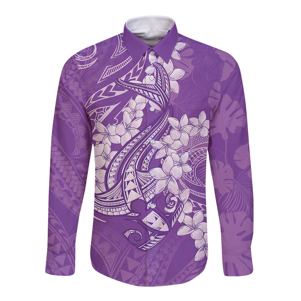 Purple Polynesia Hammerhead Shark Tattoo With Plumeria Lei Long Sleeve Button Shirt LT14 Unisex Purple - Polynesian Pride