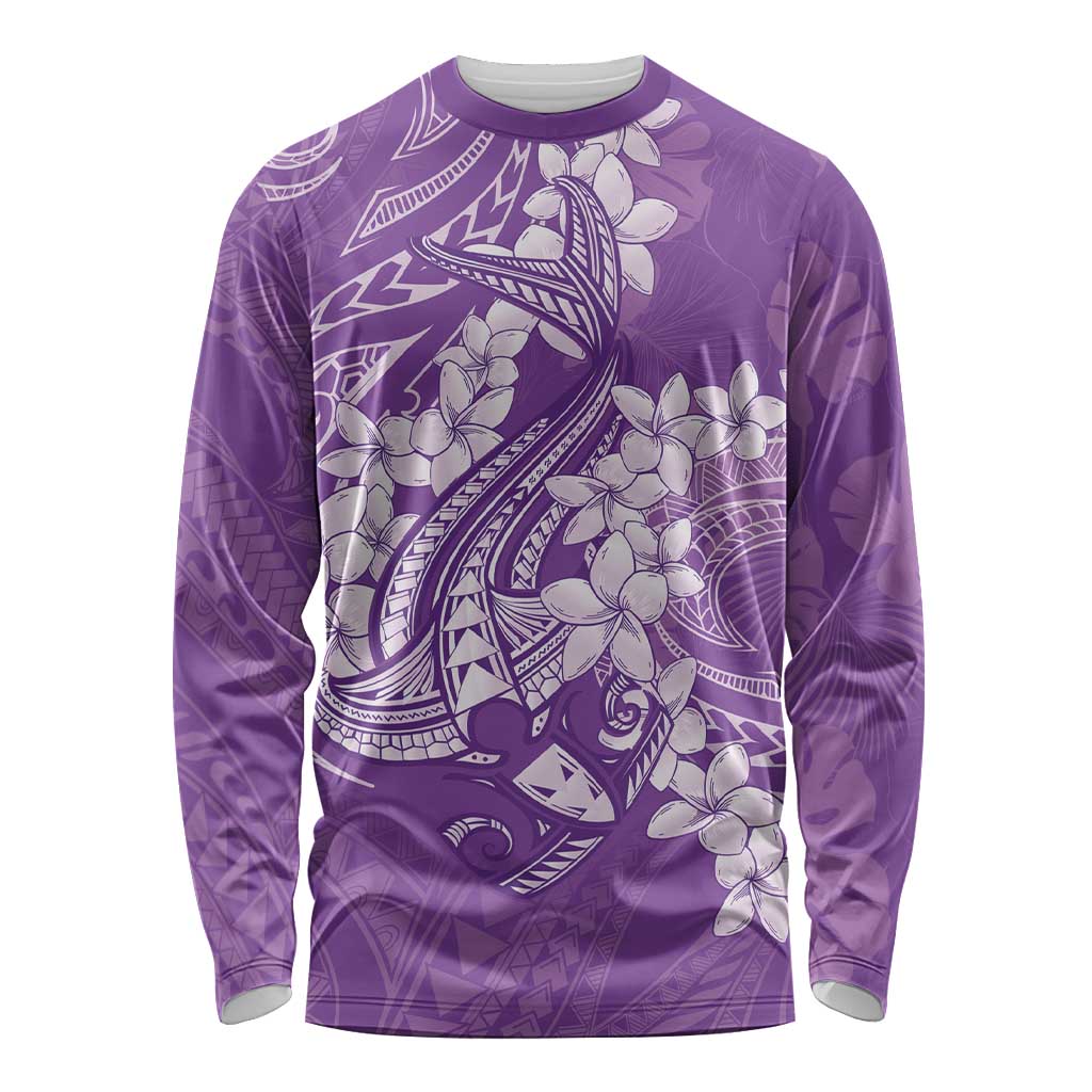 Purple Polynesia Hammerhead Shark Tattoo With Plumeria Lei Long Sleeve Shirt LT14 Unisex Purple - Polynesian Pride
