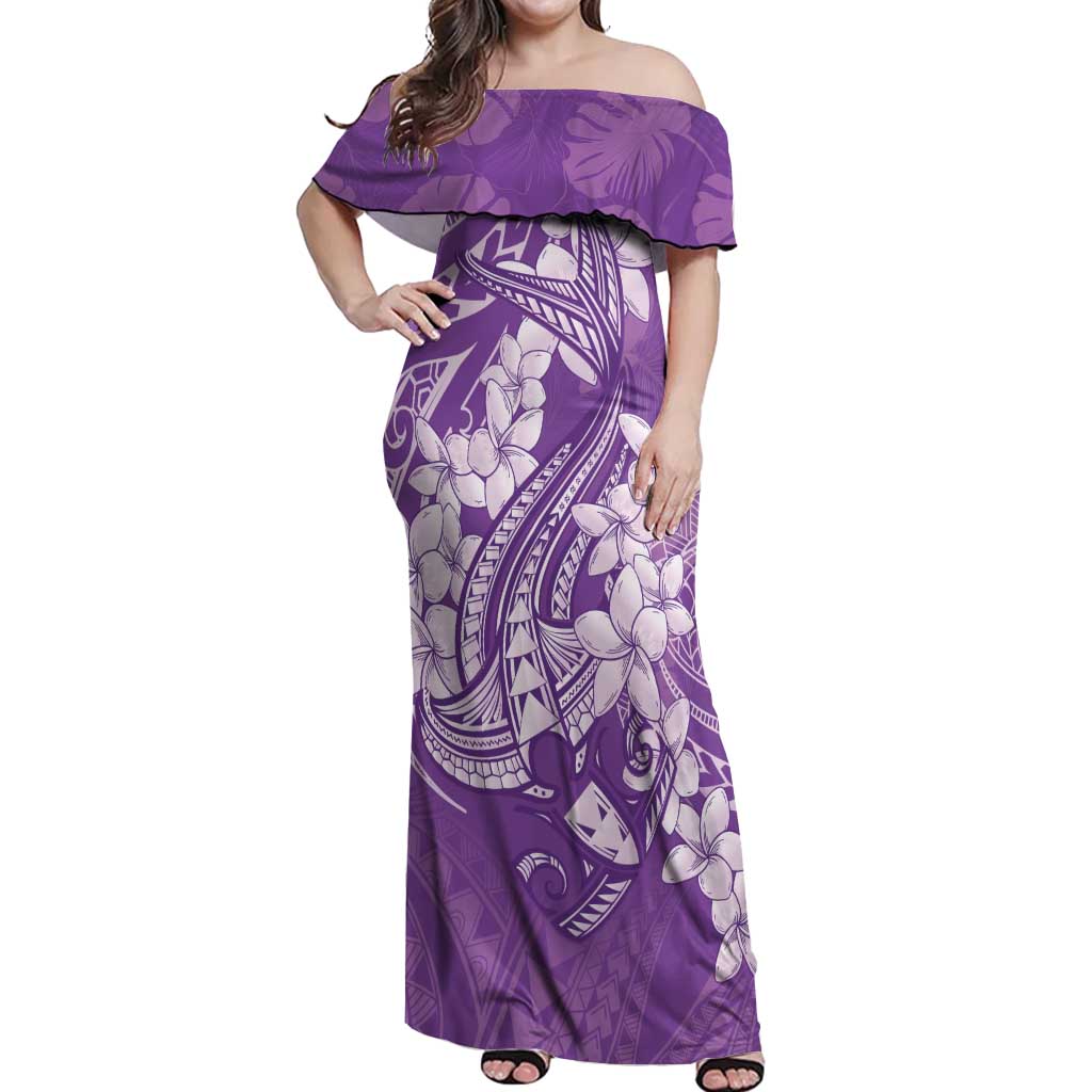 Purple Polynesia Hammerhead Shark Tattoo With Plumeria Lei Off Shoulder Maxi Dress