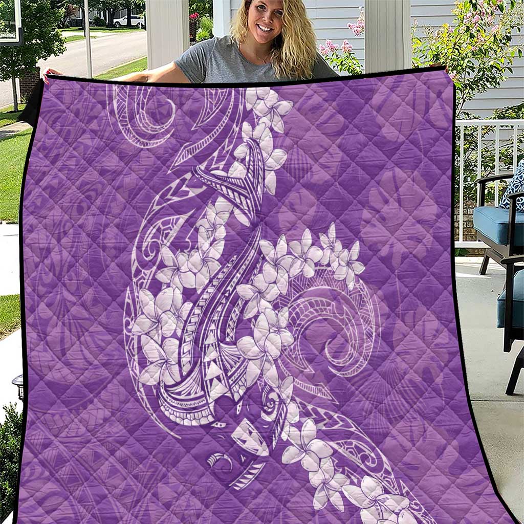 Purple Polynesia Hammerhead Shark Tattoo With Plumeria Lei Quilt