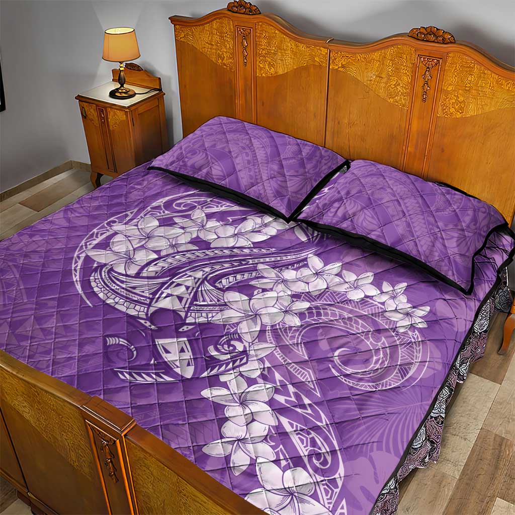 Purple Polynesia Hammerhead Shark Tattoo With Plumeria Lei Quilt Bed Set