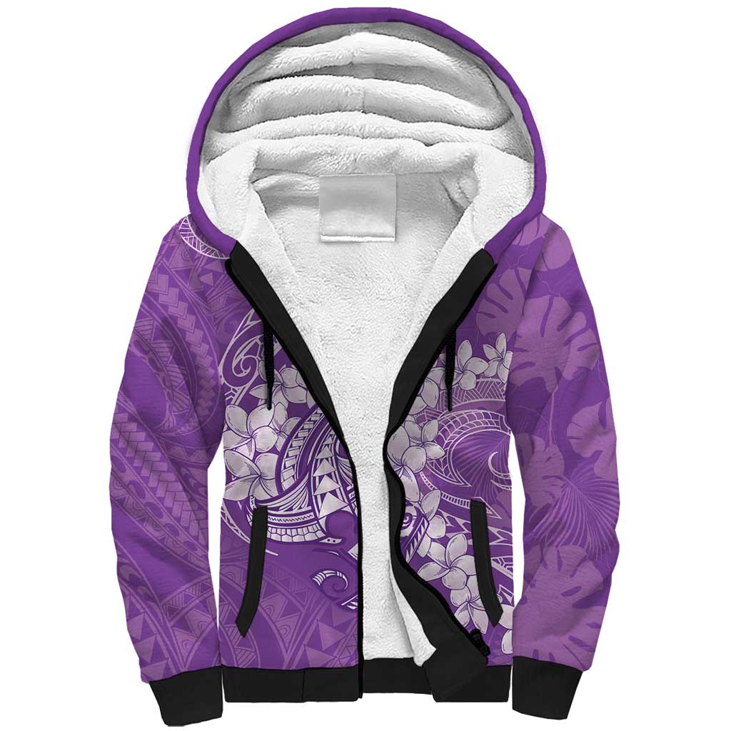 Purple Polynesia Hammerhead Shark Tattoo With Plumeria Lei Sherpa Hoodie