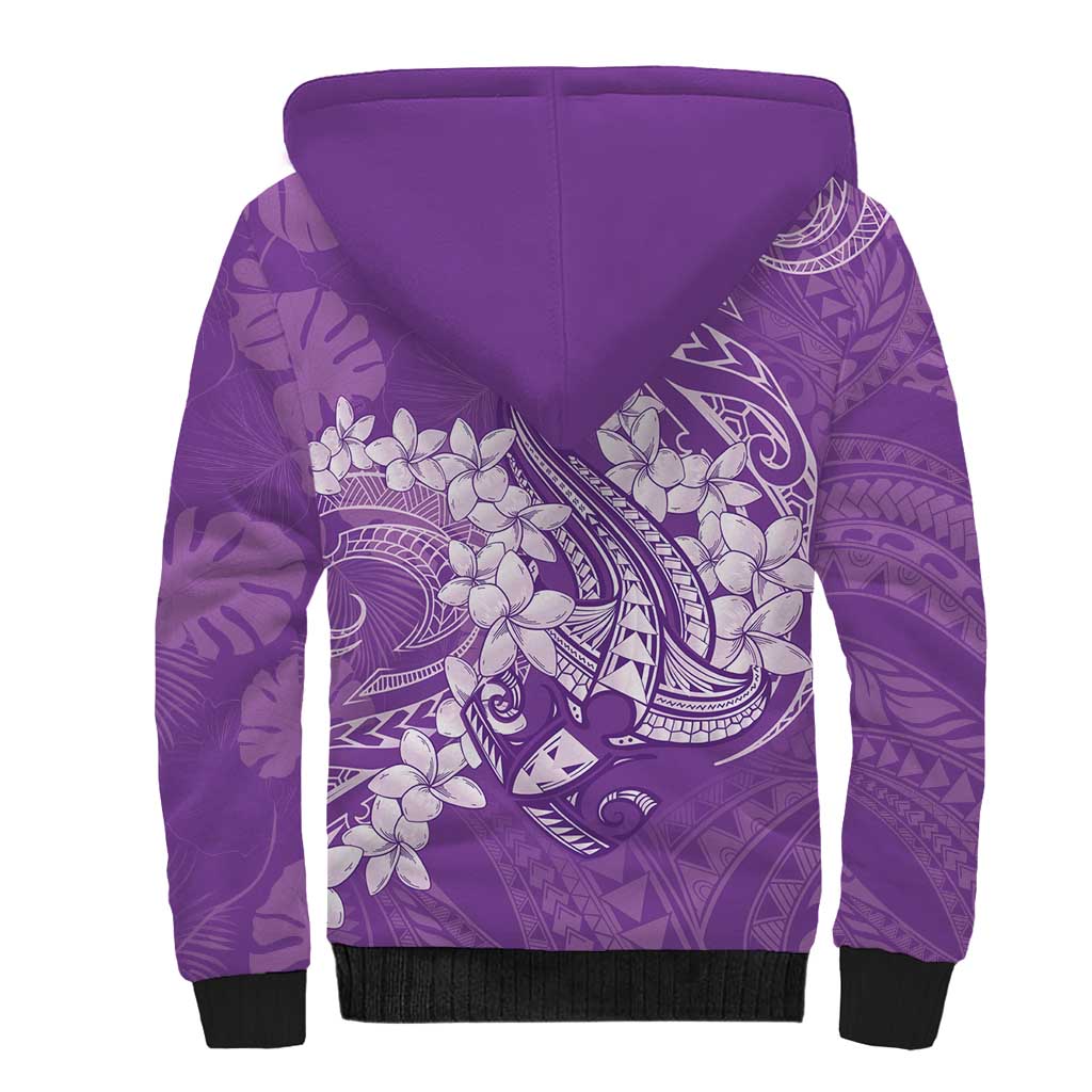 Purple Polynesia Hammerhead Shark Tattoo With Plumeria Lei Sherpa Hoodie