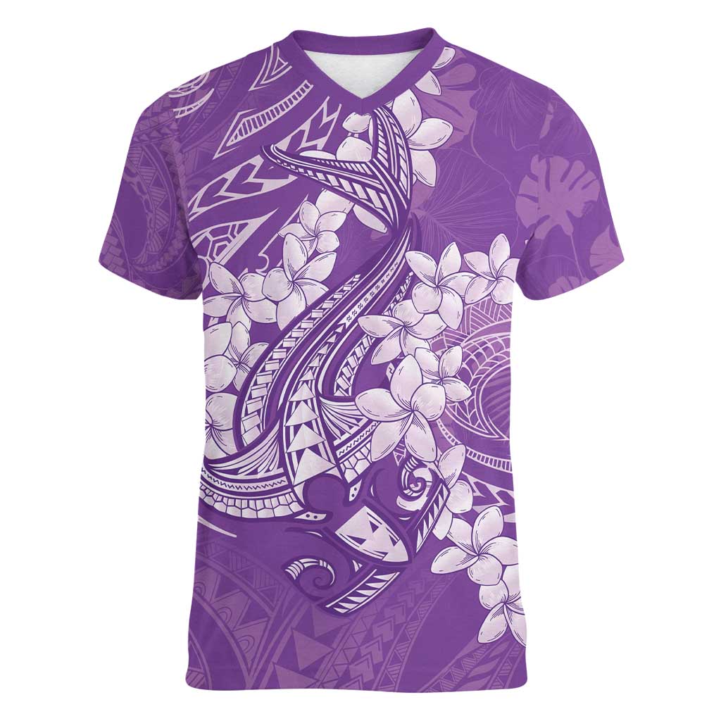 Purple Polynesia Hammerhead Shark Tattoo With Plumeria Lei Women V-Neck T-Shirt LT14 Female Purple - Polynesian Pride