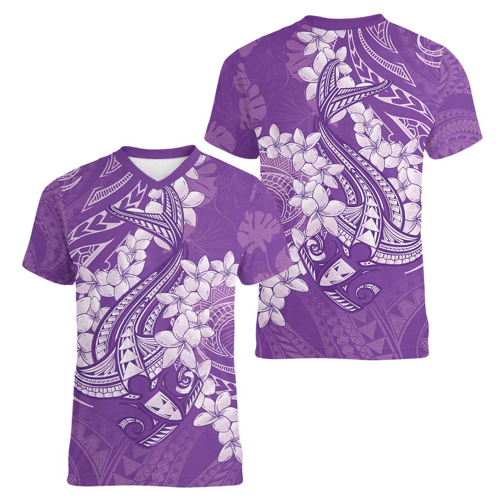 Purple Polynesia Hammerhead Shark Tattoo With Plumeria Lei Women V-Neck T-Shirt LT14 - Polynesian Pride