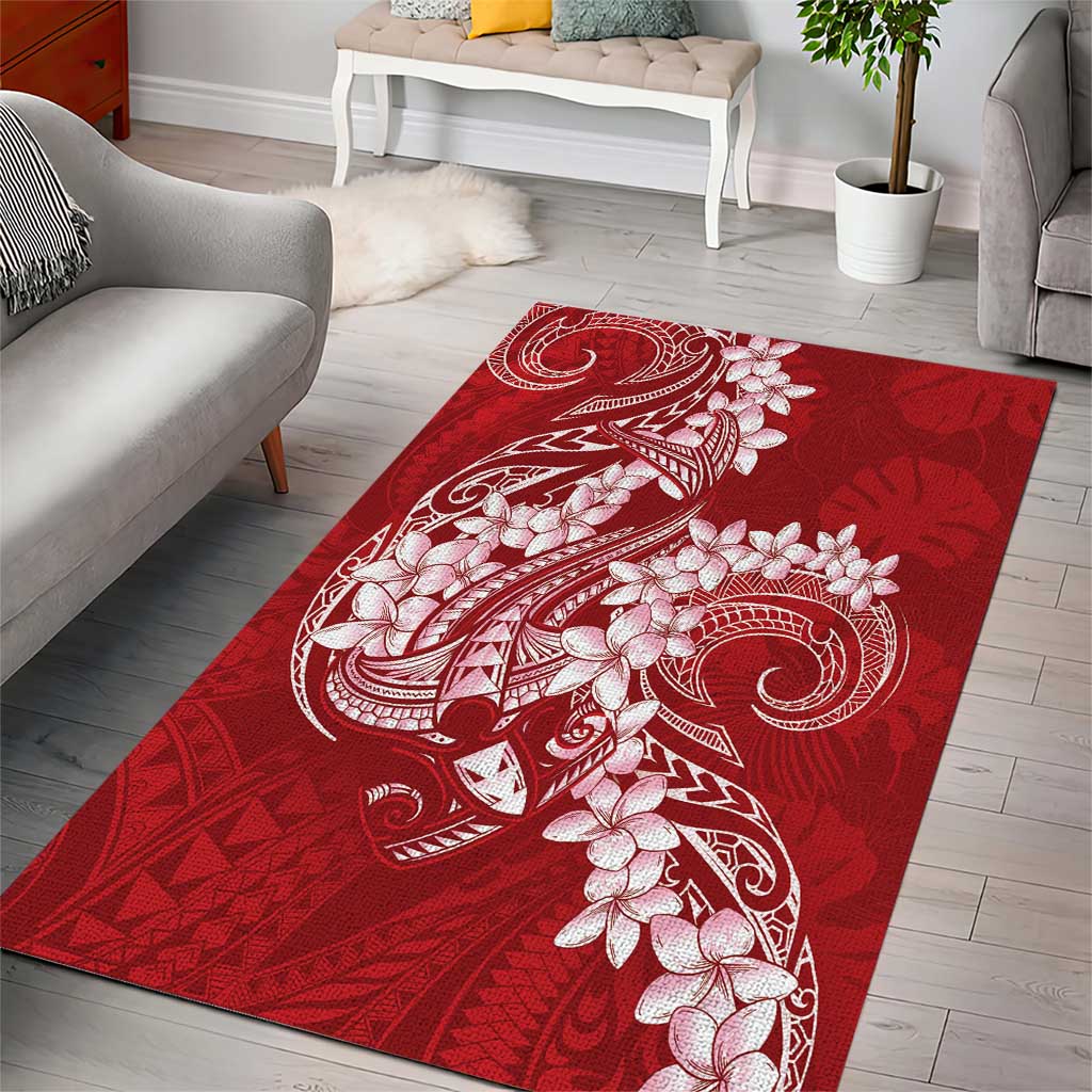Red Polynesia Hammerhead Shark Tattoo With Plumeria Lei Area Rug LT14 - Polynesian Pride
