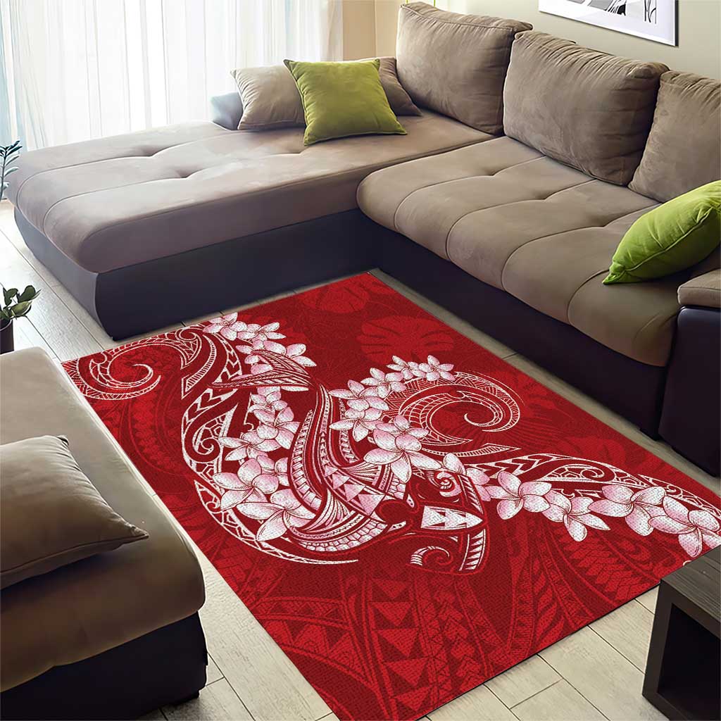 Red Polynesia Hammerhead Shark Tattoo With Plumeria Lei Area Rug LT14 - Polynesian Pride