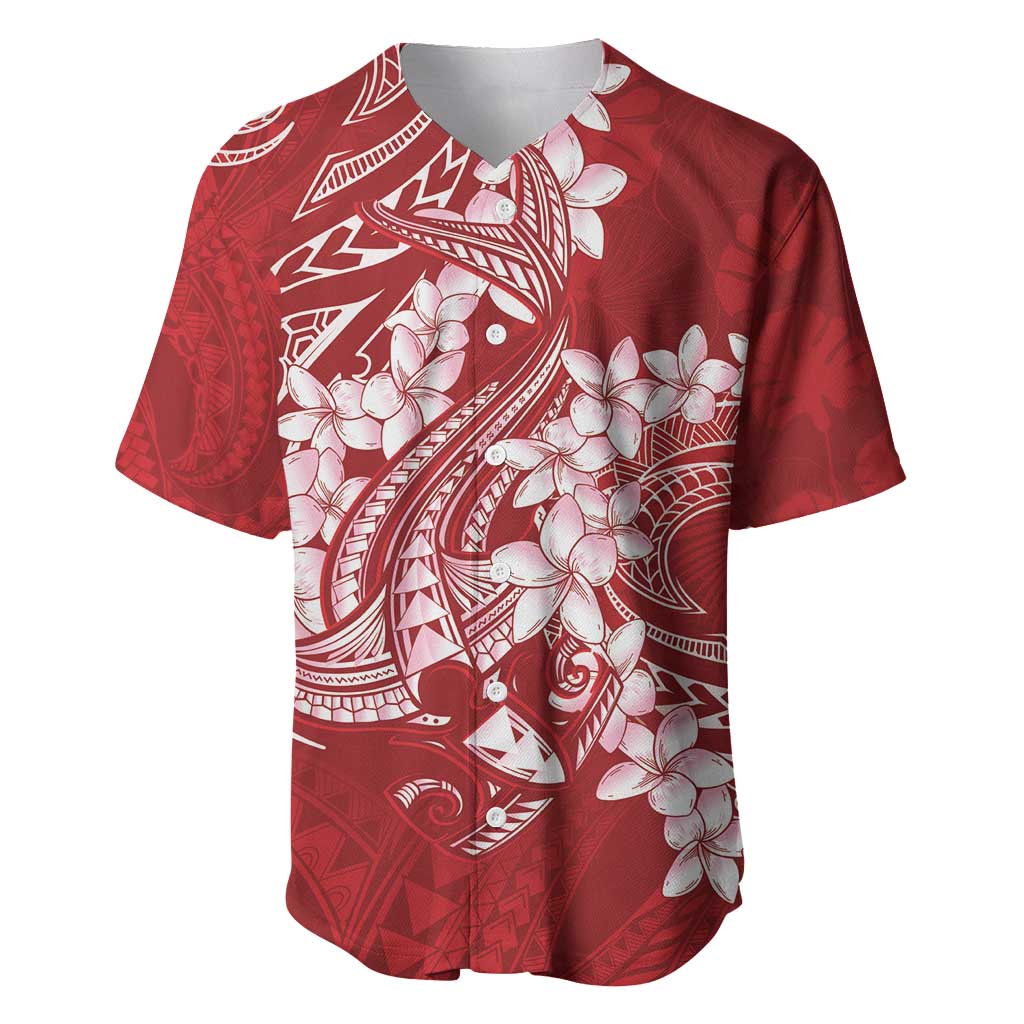 Red Polynesia Hammerhead Shark Tattoo With Plumeria Lei Baseball Jersey LT14 Red - Polynesian Pride