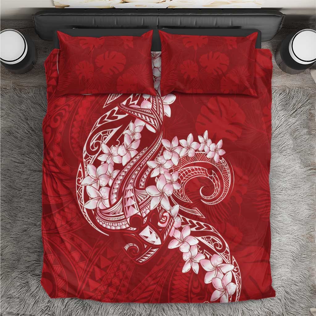 Red Polynesia Hammerhead Shark Tattoo With Plumeria Lei Bedding Set