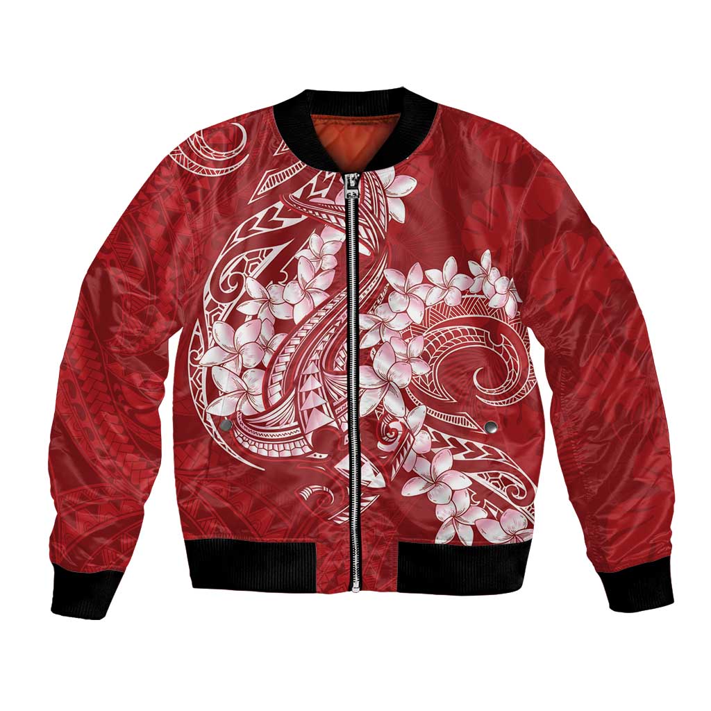 Red Polynesia Hammerhead Shark Tattoo With Plumeria Lei Bomber Jacket LT14 Unisex Red - Polynesian Pride
