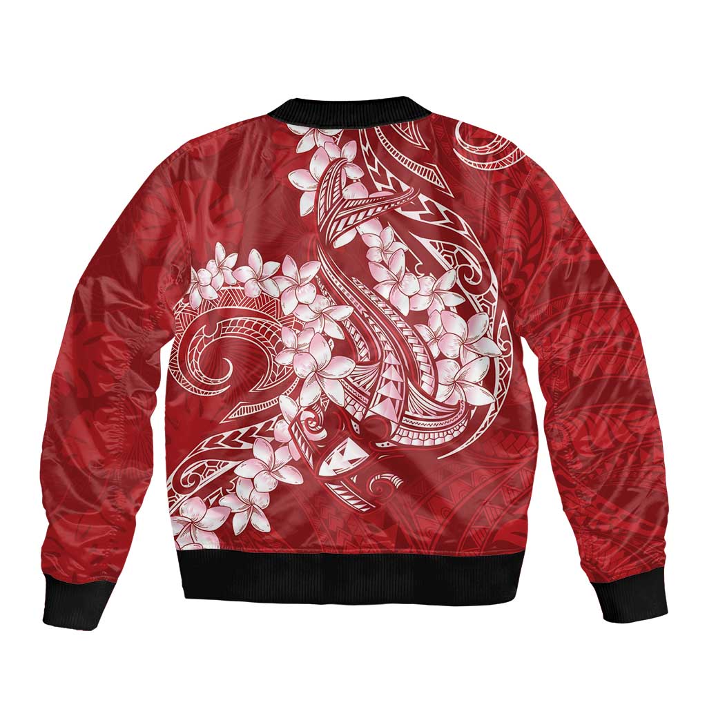 Red Polynesia Hammerhead Shark Tattoo With Plumeria Lei Bomber Jacket LT14 - Polynesian Pride