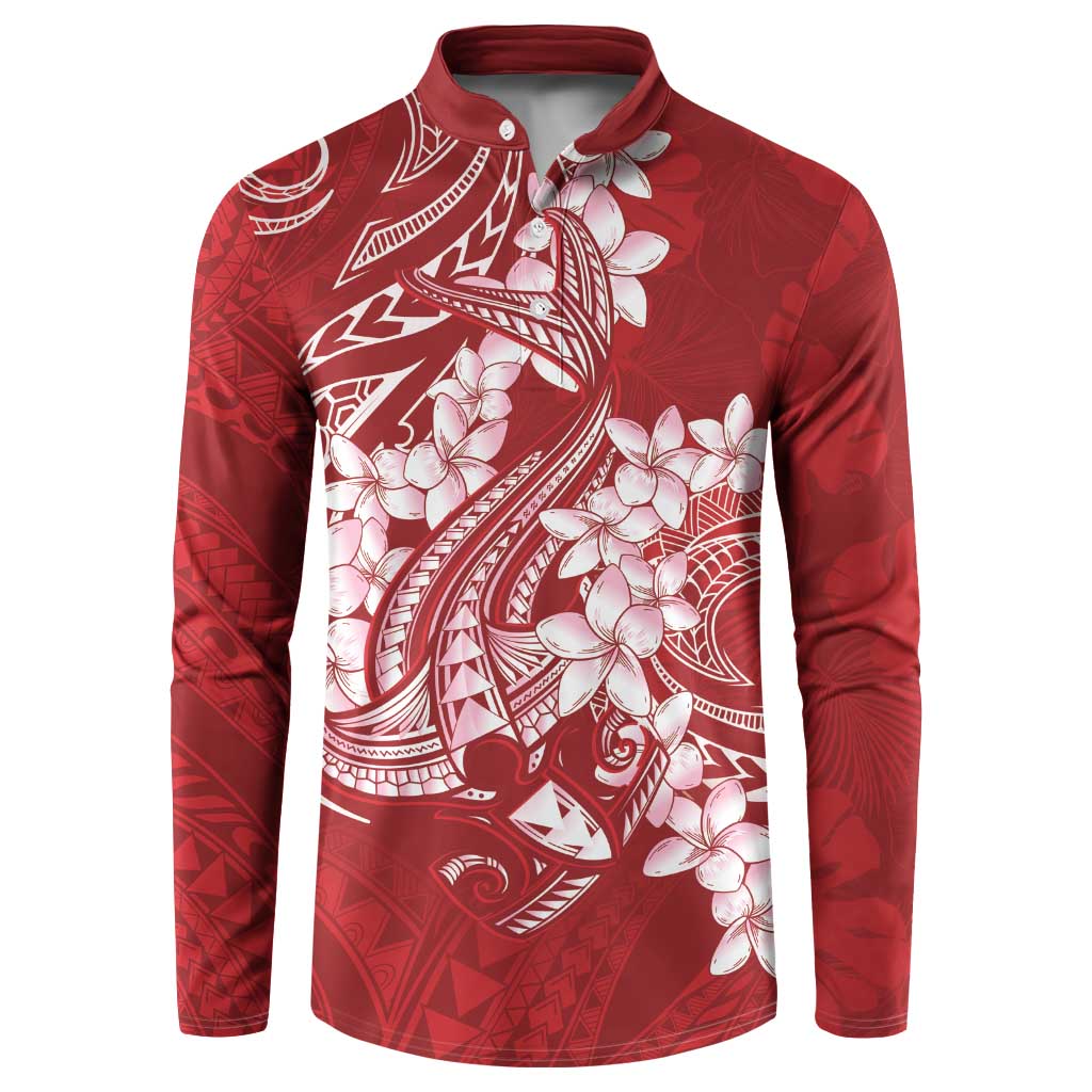 Red Polynesia Hammerhead Shark Tattoo With Plumeria Lei Button Sweatshirt LT14 Red - Polynesian Pride