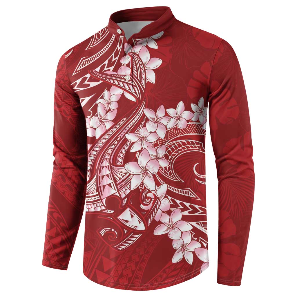 Red Polynesia Hammerhead Shark Tattoo With Plumeria Lei Button Sweatshirt LT14 - Polynesian Pride