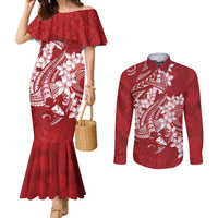 Red Polynesia Hammerhead Shark Tattoo With Plumeria Lei Couples Matching Mermaid Dress and Long Sleeve Button Shirt LT14 Red - Polynesian Pride